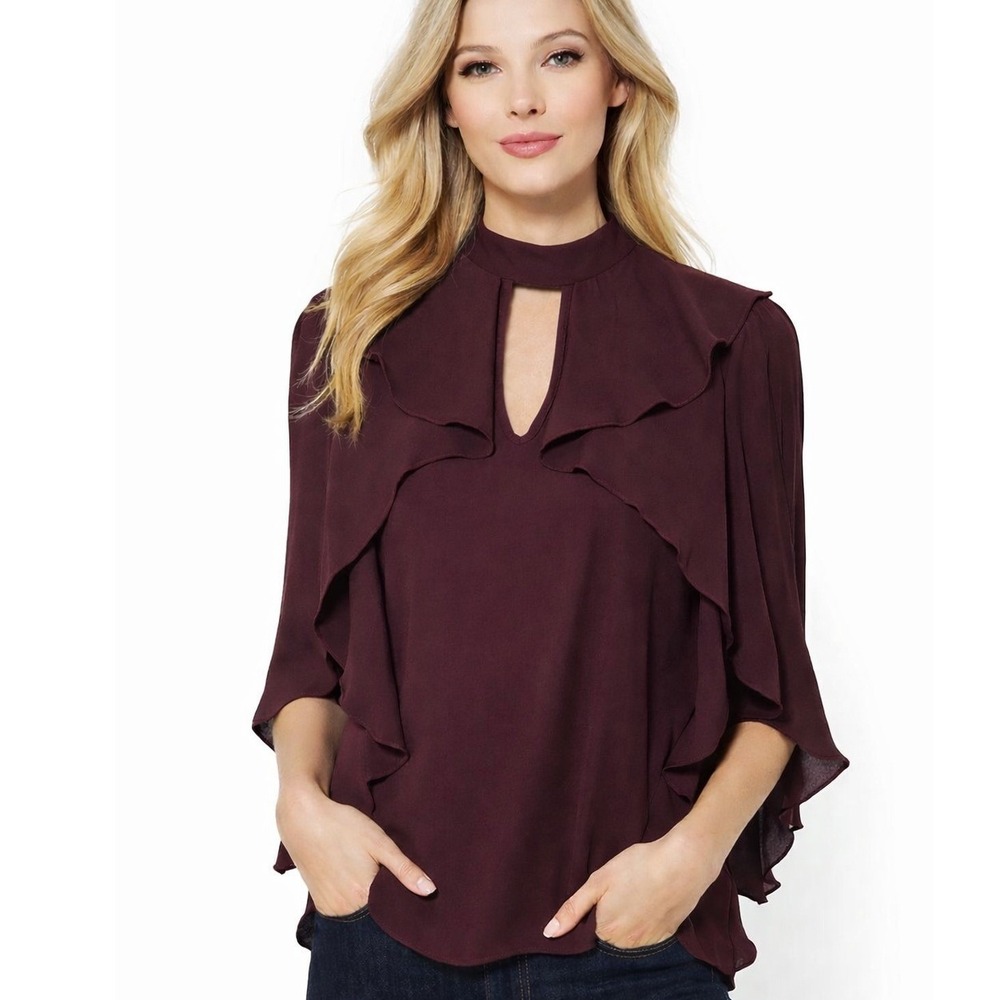 New York & Company Sweet‎ Pea Burgundy Ruffle Keyhole Blouse Sheer Long Sleeve